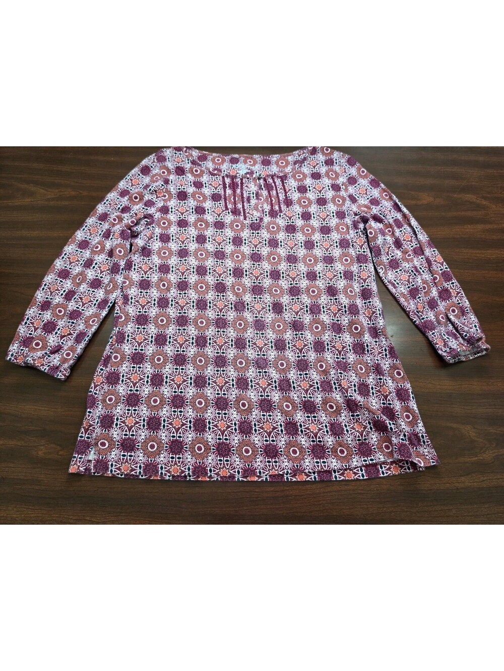 Kim Rogers Burgundy Red Geometric Print 3/4 Sleeve Medium 100% Cotton Boho Top